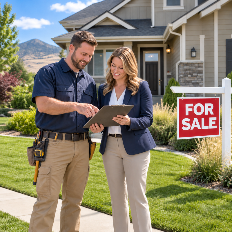 Illustration of a contractor and Realtor reviewing a checklist outside a home for sale